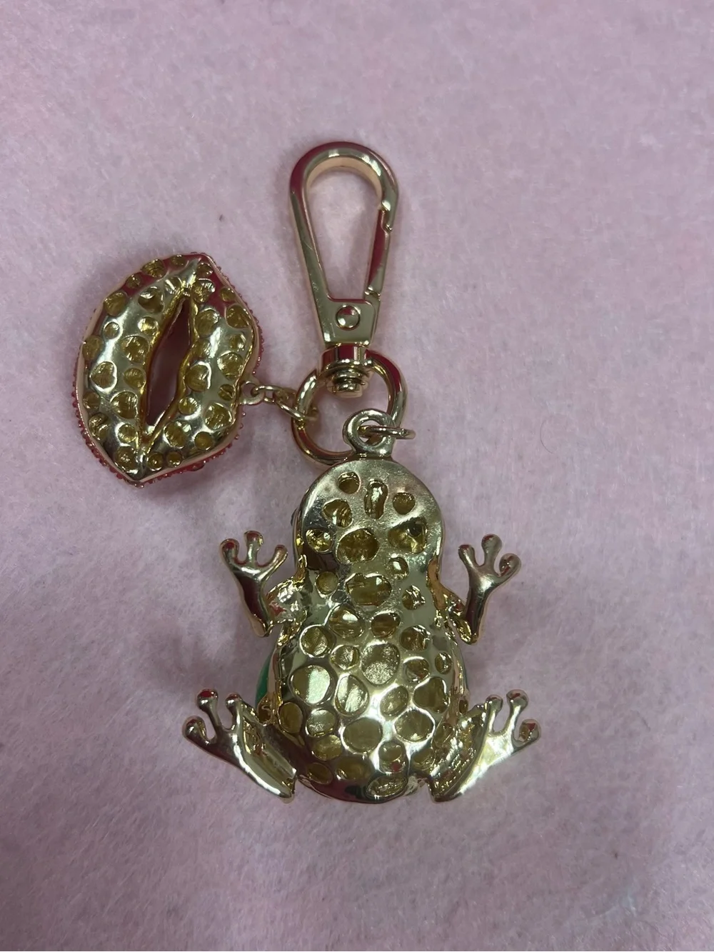 Green & White Striped Frog Keychain Bag Charm with Red Lip Charm